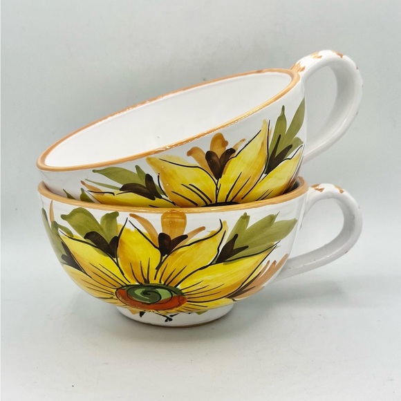 Vintage Italian Hand Painted Set of 2 Soup Mugs Sunflowers EUC 3”T 5.5” Diameter - Picture 2 of 6